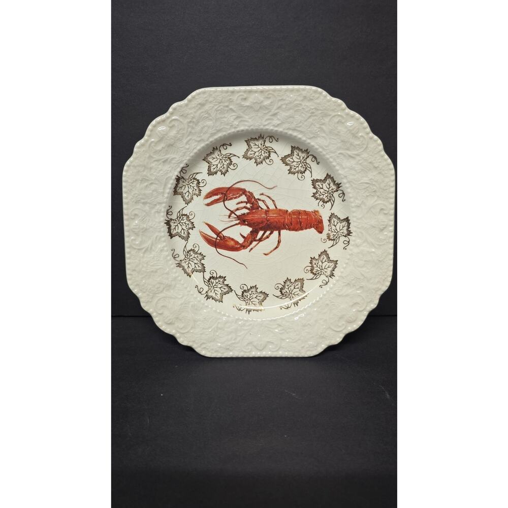 Vintage Lord Nelson Pottery Lobster Plate White Embossed Leaves England Decor